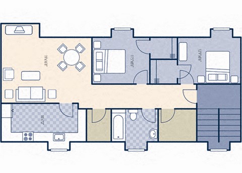 Floor plan for 2 beds, 1 bath, 882 sqft